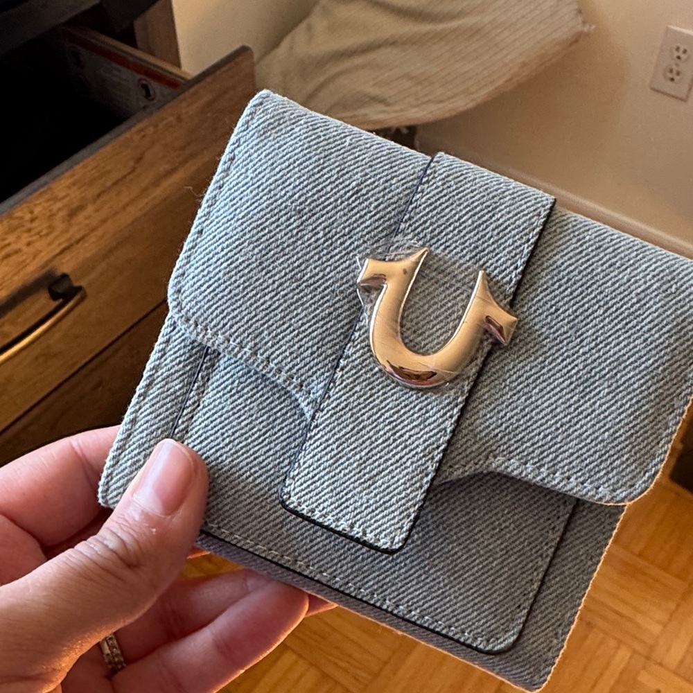 True Religion Blue Denim Wallet with Gold Logo